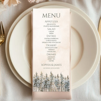 Elegant Winter Snowy Pine Tree Landscape Wedding Menu