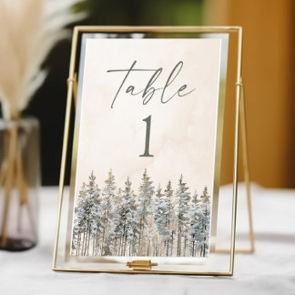 Elegant Winter Snowy Pine Tree Landscape Wedding Table Number