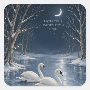 Elegant Winter Swan Christmas,Romantic Lake Scene Square Sticker