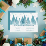 Elegant Winter Trees Custom Blue Christmas Party Invitation<br><div class="desc">An elegant row of winter fir trees and snowflakes above your personalised Merry Christmas script and your family last name in pretty blue below the snow filled forest. Modern family holiday party invitation with your custom script.</div>