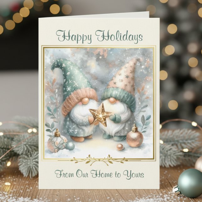 Elegant Winter Watercolor Gnome Happy Holiday Cute Card (Gnome WInter Holiday Card with Snow, Non Religous, Neutral, Elegant, Cute, Nordic, Scandinavian Card)