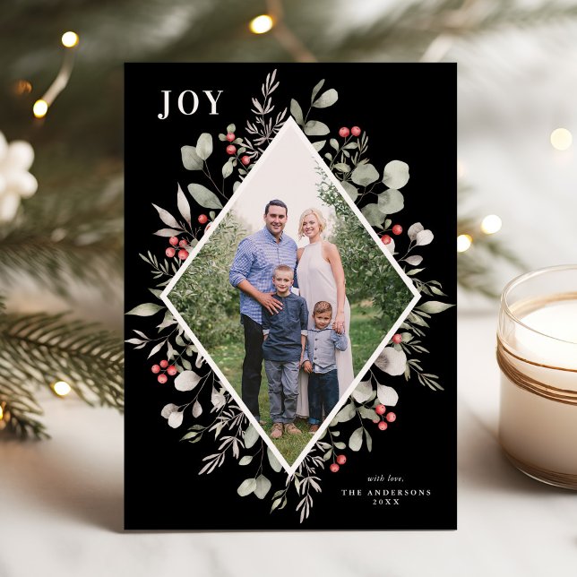 Elegant Winter Watercolor Greenery Black Photo Holiday Card (Creator Uploaded)