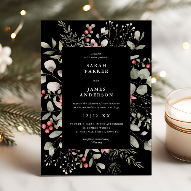 Elegant Winter Watercolor Greenery Black Wedding Invitation (Creator Uploaded)