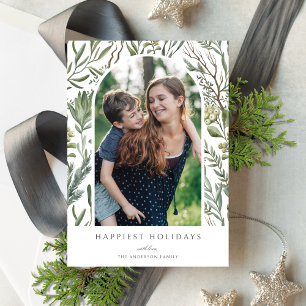 Elegant Winter Watercolor Greenery Botanical Photo Holiday Card