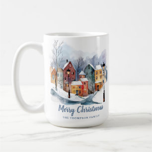 Elegant Winter Watercolor Houses Blue Christmas Coffee Mug