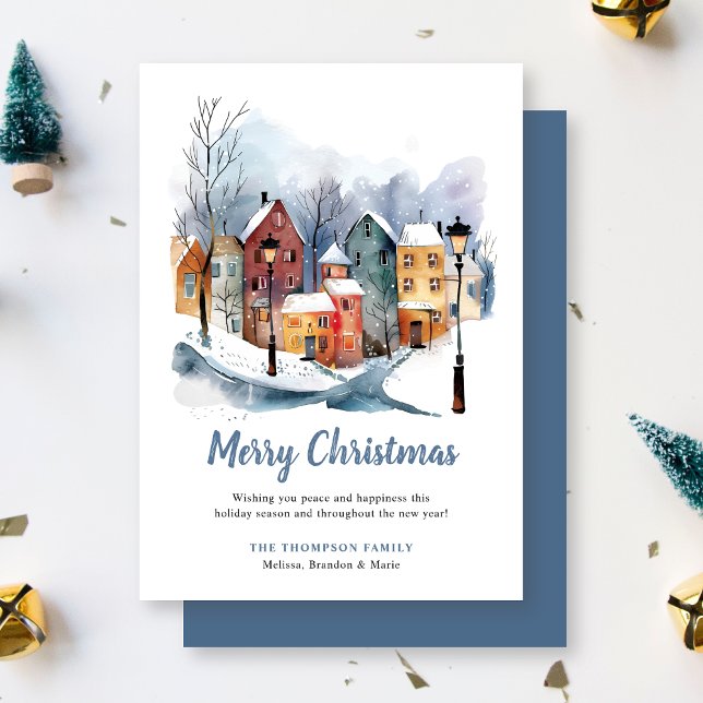 Elegant Winter Watercolor Houses Blue Christmas  Holiday Card (Creator Uploaded)