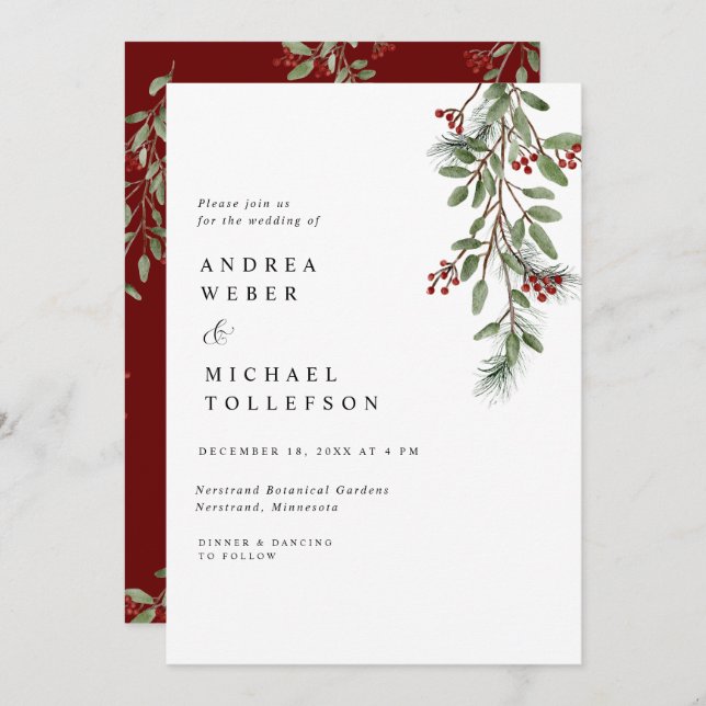 Elegant Winter Wedding Burgundy Greenery Invitatio Invitation (Front/Back)