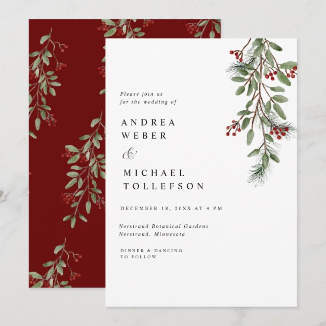 Elegant Winter Wedding Burgundy Greenery Invitation (Front/Back)