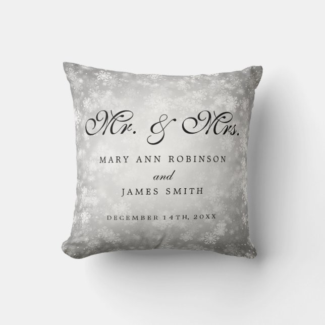 Elegant Winter Wedding Mr & Mrs Favour Silver Cushion (Front)