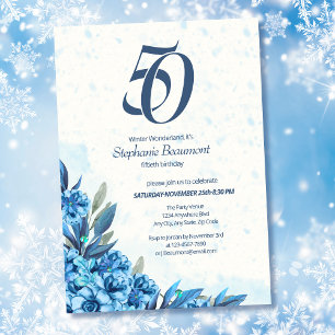 Elegant Winter White Blue Flowers 50th Birthday  Invitation