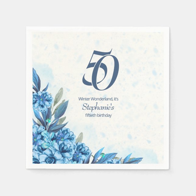 Elegant Winter White Blue Flowers 50th Birthday  Napkin (Front)
