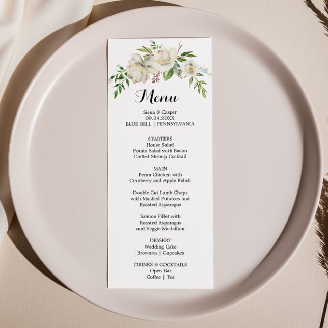 Elegant Winter White Peony Dinner Menu Card (Creator Uploaded)