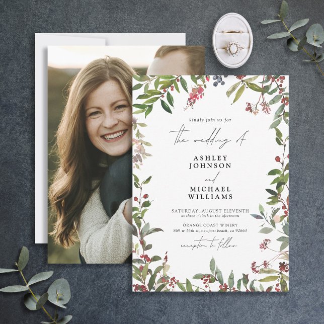 Elegant Winter Wildflower Berry Photo Wedding Invitation (Creator Uploaded)