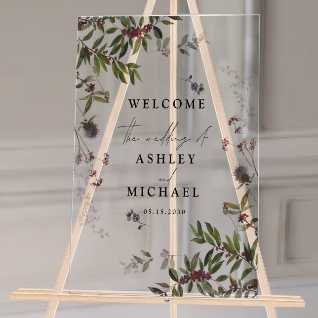 Elegant Winter Wildflower Berry Wedding Acrylic Sign (Wedding Welcome Sign!)