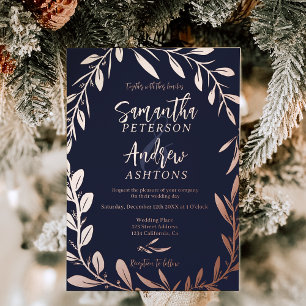 Elegant winter wonderland navy blue wedding photo