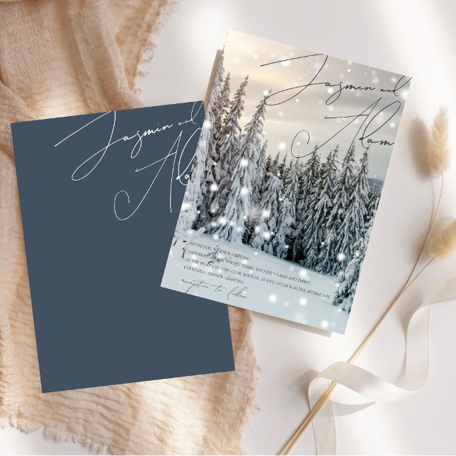 Elegant Winter Wonderland Snowy Woodland Wedding Invitation (Winter Wonderland Woodland Snow Script Wedding Invitation)