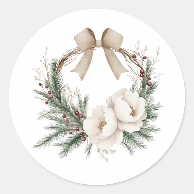 Elegant Winter Wreath & Bow Christmas Classic Round Sticker (Front)