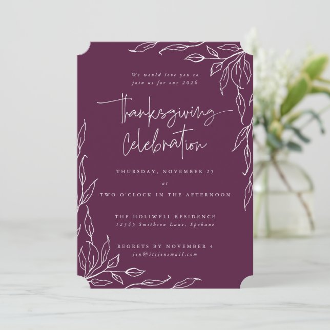 Elegant Winterberry Modern Leaf Motif Thanksgiving Invitation (Standing Front)