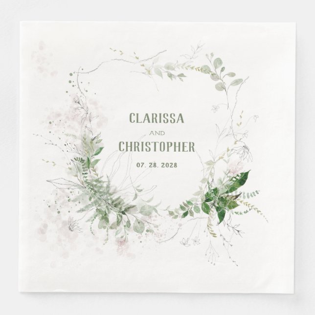 Elegant Wispy Blush & Greenery Wreath Napkin (Front)