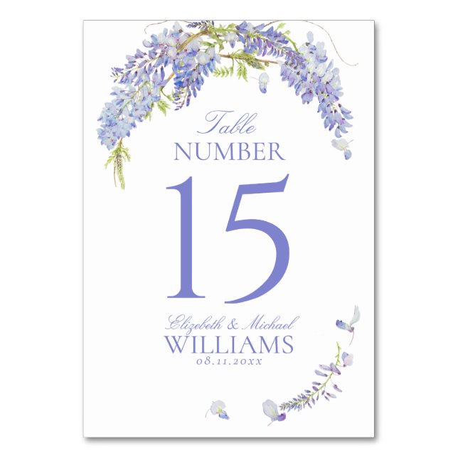 Elegant Wisteria Botanical Purple Script Reception Table Number (Front)