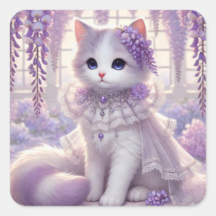 Elegant Wisteria Princess Cat Square Sticker