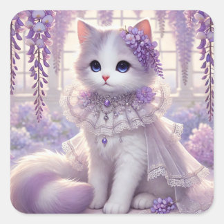 Elegant Wisteria Princess Cat Square Sticker