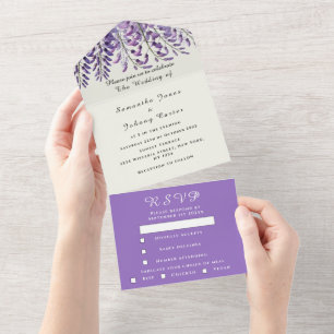 Elegant Wisteria Watercolor Purple Lilac Wedding All In One Invitation