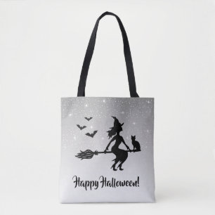 Elegant Witch Grey And Black Happy Halloween Tote Bag