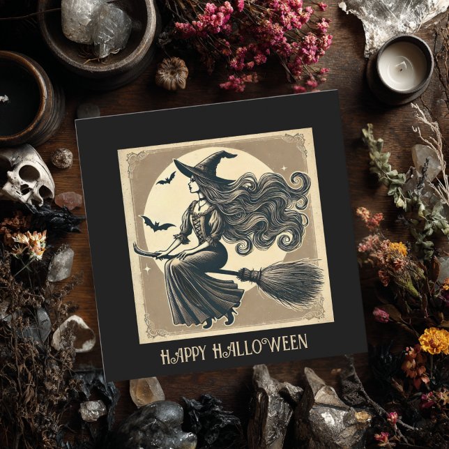 Elegant Witch on Broom Vintage Halloween Black Card (Creator Uploaded)