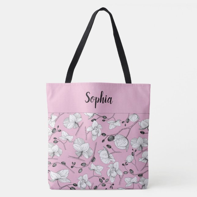Elegant with black & white orchids chic cameo pink tote bag (Front)