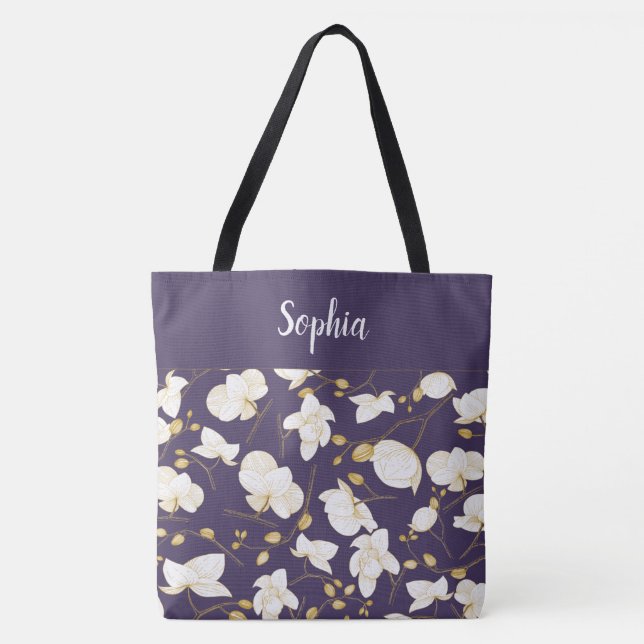 Elegant with gold & white orchids chic purple tote bag (Front)