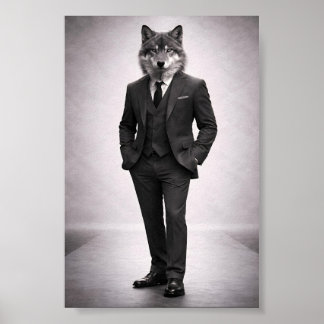 Elegant Wolf in Classic Suit Portrait Poster