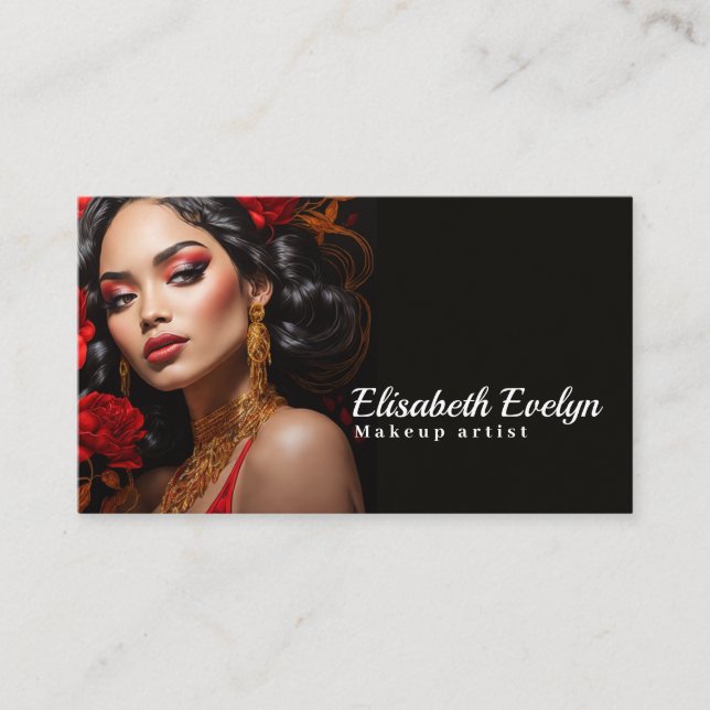 Elegant Woman Amidst Red and Gold Floral Splendor5 Business Card (Front)