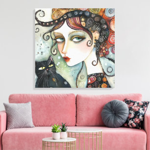 Elegant Woman and Cat Stretched Canvas Print
