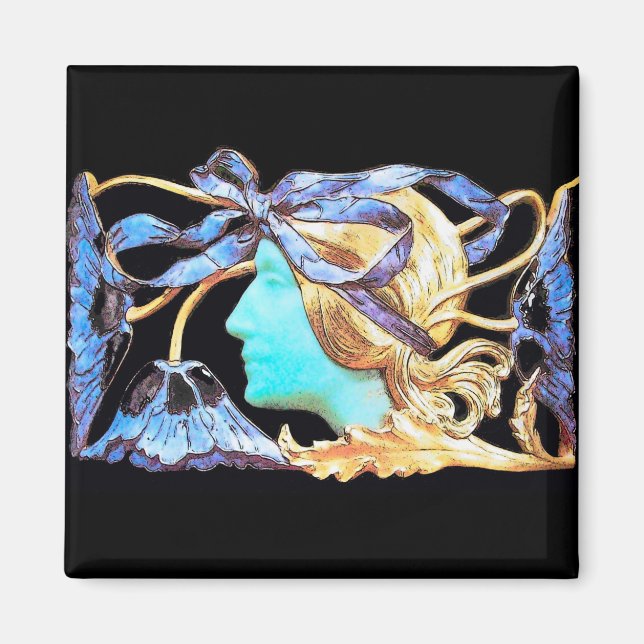 ELEGANT WOMAN BEAUTY JEWEL /LADY,BLUE BOW,FLOWERS MAGNET (Front)