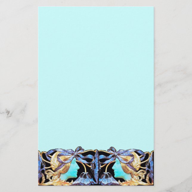 ELEGANT WOMAN BEAUTY JEWEL /LADY,BLUE BOW,FLOWERS STATIONERY (Front)