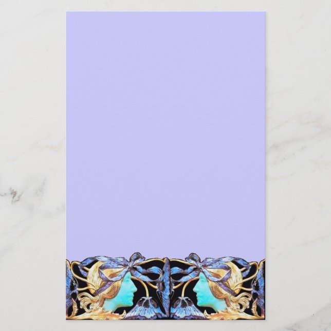 ELEGANT WOMAN BEAUTY JEWEL /LADY,BLUE BOW,FLOWERS STATIONERY (Front)