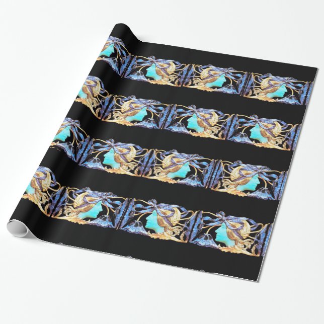 ELEGANT WOMAN BEAUTY JEWEL /LADY,BLUE BOW,FLOWERS WRAPPING PAPER (Unrolled)