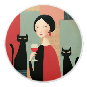 Elegant Woman Black Cats and Wine Ceramic Knob