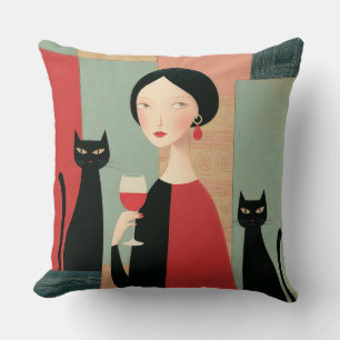 Elegant Woman Black Cats and Wine Cushion