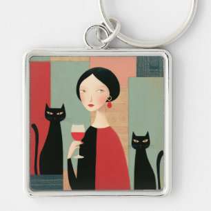 Elegant Woman Black Cats and Wine Key Ring