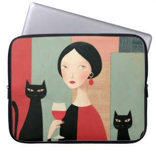Elegant Woman Black Cats and Wine Laptop Sleeve