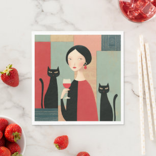 Elegant Woman Black Cats and Wine Napkin