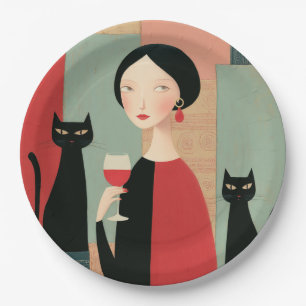 Elegant Woman Black Cats and Wine Paper Plate