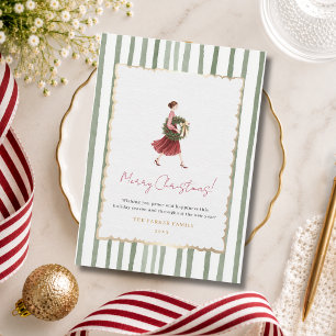 Elegant Woman Christmas Wreath Green Stripes Holid Holiday Card