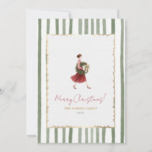 Elegant Woman Christmas Wreath Green Stripes Photo Holiday Card