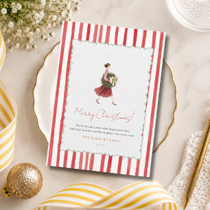 Elegant Woman Christmas Wreath Red Stripes Holiday Card
