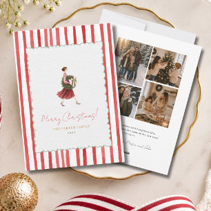 Elegant Woman Christmas Wreath Red Stripes Photo Holiday Card