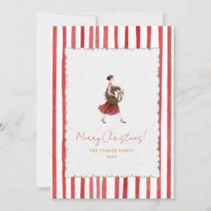 Elegant Woman Christmas Wreath Red Stripes Photo Holiday Card