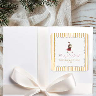Elegant Woman Christmas Wreath Yellow Stripes Square Sticker